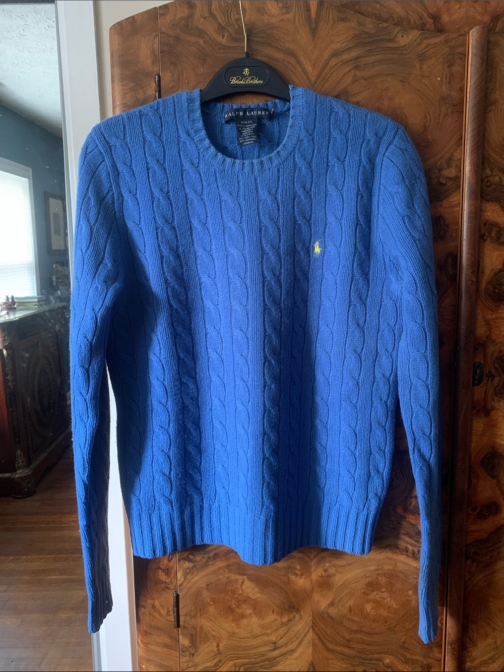 Ralph Lauren Light Blue Cable-Knit Crew Sweater with Yellow Polo